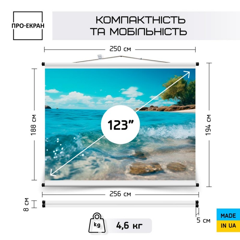Экран для проектора ПРО-ЭКРАН 250 на 188 см (4:3), 123 дюймов